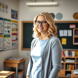 A 32-year-old blonde female German teacher standing in a classroom
