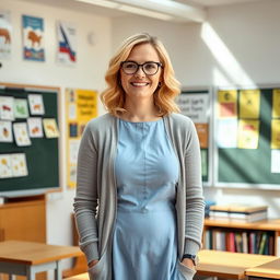 A 32-year-old blonde female German teacher standing in a classroom
