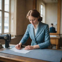 A skillful seamstress gracefully sews a bespoke suit in a vintage workshop with elements of Moscow's iconic architecture visible through the window