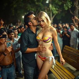A sad and terrified blonde woman wearing a strapless, colorful small bikini that accentuates her big cleavage and showcases her sexy legs