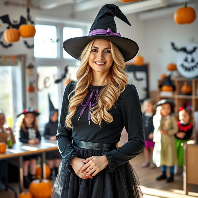 A 32-year-old blonde female German teacher dressed in a Halloween witch costume