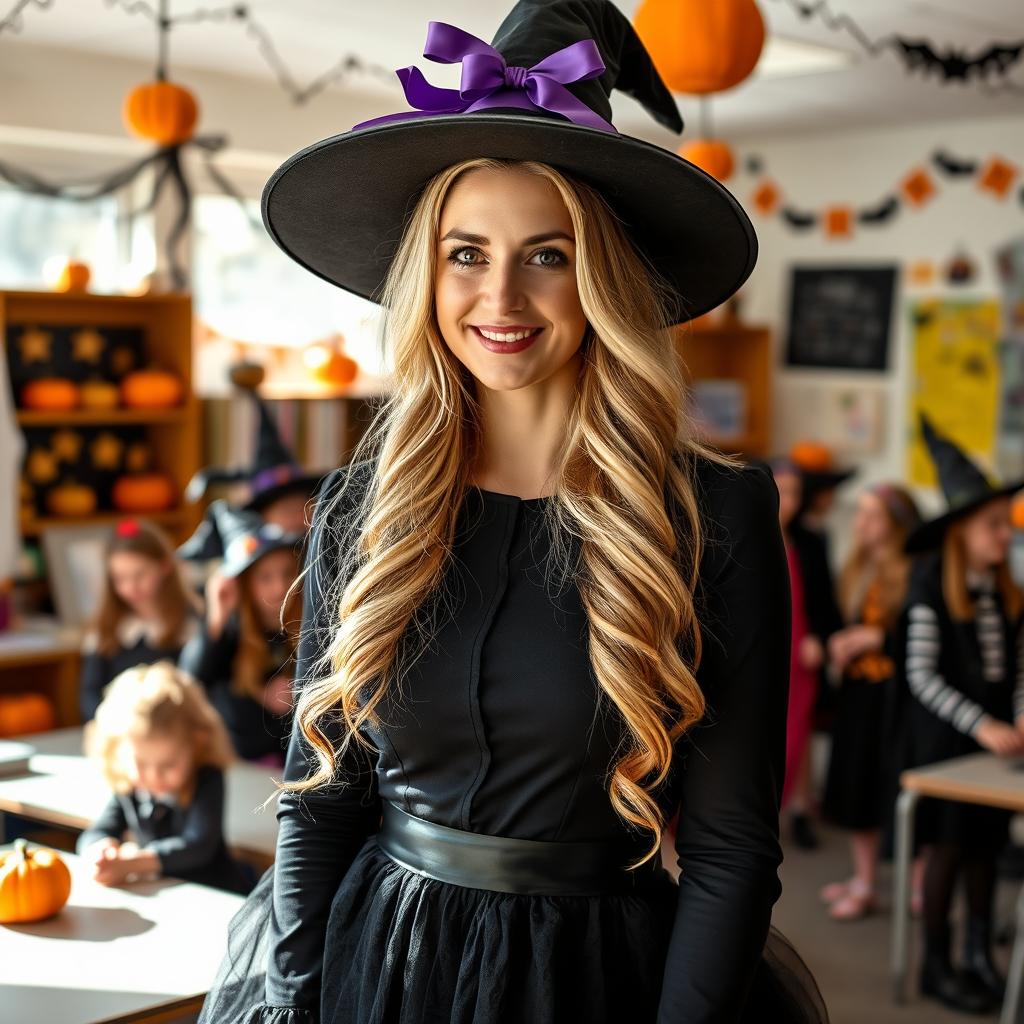 A 32-year-old blonde female German teacher dressed in a Halloween witch costume