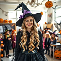 A 32-year-old blonde female German teacher dressed in a Halloween witch costume