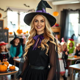 A 32-year-old blonde female German teacher dressed in a Halloween witch costume