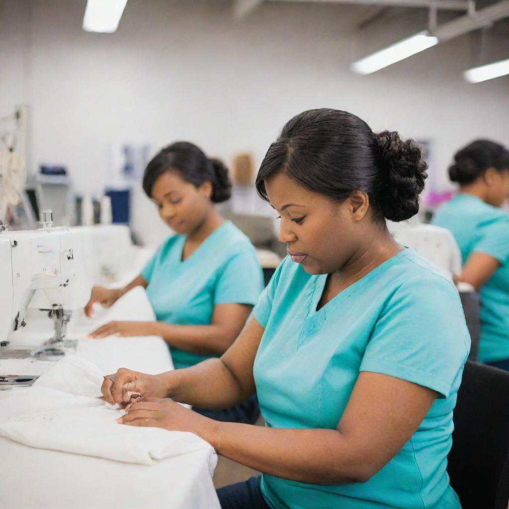 A team of efficient seamstresses diligently sew trendy and cool merchandise items such as t-shirts, caps, and bags, for a modern, bustling business