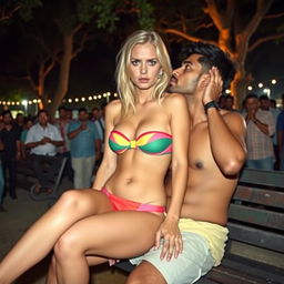 A sad and terrified German blonde female wearing a strapless, colorful small bikini that emphasizes her big cleavage and sexy legs