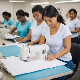 A team of efficient seamstresses diligently sew trendy and cool merchandise items such as t-shirts, caps, and bags, for a modern, bustling business