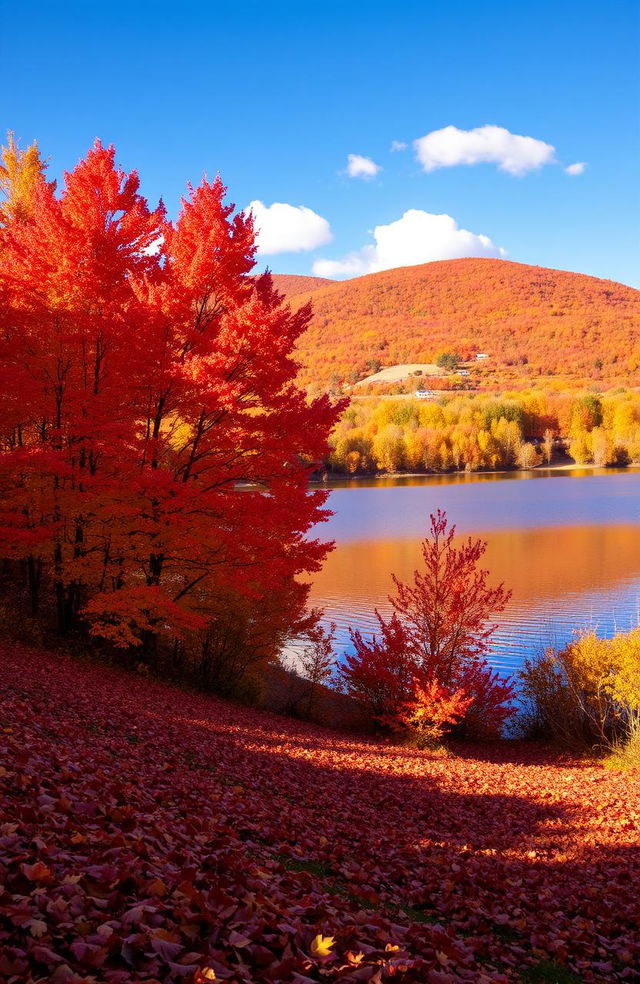 A picturesque autumn landscape, featuring a vibrant array of orange, red, and yellow leaves on deciduous trees, carpeting the ground