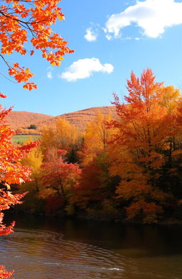 A picturesque autumn landscape, featuring a vibrant array of orange, red, and yellow leaves on deciduous trees, carpeting the ground