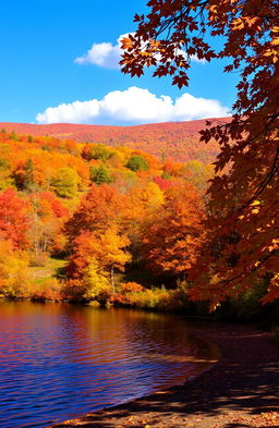 A picturesque autumn landscape, featuring a vibrant array of orange, red, and yellow leaves on deciduous trees, carpeting the ground