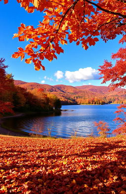 A picturesque autumn landscape, featuring a vibrant array of orange, red, and yellow leaves on deciduous trees, carpeting the ground