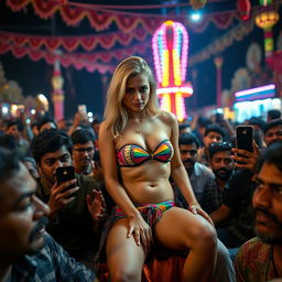 A sad and terrified blonde female wearing a colorful strapless small bikini that accentuates her big cleavage and sexy legs, sitting on the lap of an Indian male with a rugged appearance