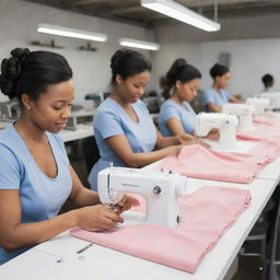 A team of efficient seamstresses diligently sew trendy and cool merchandise items such as t-shirts, caps, and bags, for a modern, bustling business