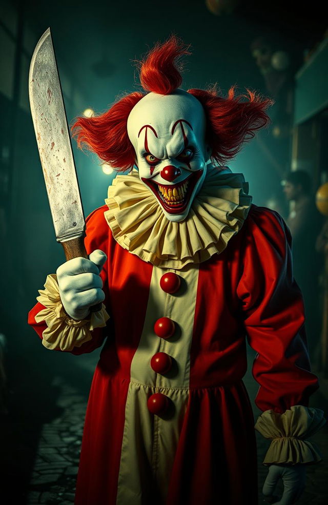 A chilling scene from a horror movie titled 'Can’s Rebellion', featuring a sinister clown with a vivid red and white costume, showcasing an unsettling grin filled with sharp, bloody teeth