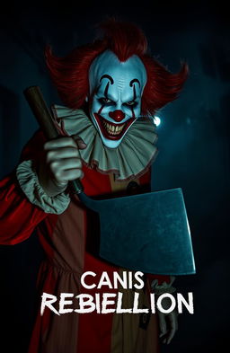 A chilling scene from a horror movie titled 'Can’s Rebellion', featuring a sinister clown with a vivid red and white costume, showcasing an unsettling grin filled with sharp, bloody teeth