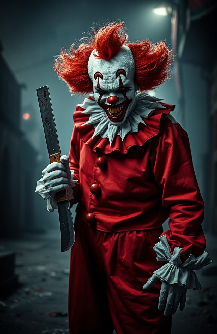 A chilling scene from a horror movie titled 'Can’s Rebellion', featuring a sinister clown with a vivid red and white costume, showcasing an unsettling grin filled with sharp, bloody teeth