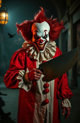 A chilling scene from a horror movie titled 'Can’s Rebellion', featuring a sinister clown with a vivid red and white costume, showcasing an unsettling grin filled with sharp, bloody teeth