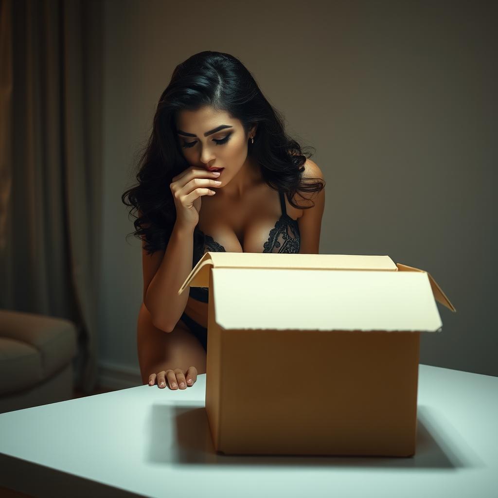 A tall, curvy woman in elegant lingerie leans over a table, eagerly looking into a large cardboard box