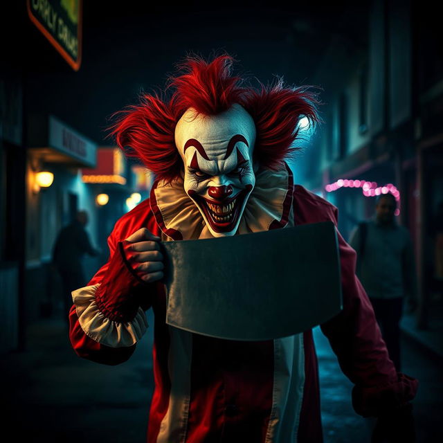 A chilling scene from a horror movie titled 'Can’s Rebellion', featuring a sinister clown dressed in vibrant red and white attire, with an unsettlingly wide grin revealing sharp, bloody teeth