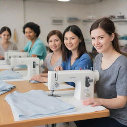 A team of efficient seamstresses diligently sew trendy and cool merchandise items such as t-shirts, caps, and bags, for a modern, bustling business