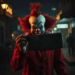 A chilling scene from a horror movie titled 'Can’s Rebellion', featuring a sinister clown dressed in vibrant red and white attire, with an unsettlingly wide grin revealing sharp, bloody teeth