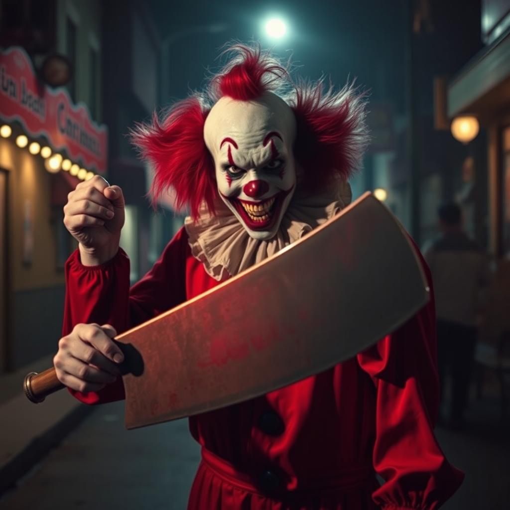 A chilling scene from a horror movie titled 'Can’s Rebellion', featuring a sinister clown dressed in vibrant red and white attire, with an unsettlingly wide grin revealing sharp, bloody teeth