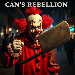 A chilling scene from a horror movie titled 'Can’s Rebellion', featuring a sinister clown dressed in vibrant red and white attire, with an unsettlingly wide grin revealing sharp, bloody teeth