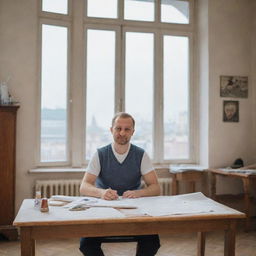 A confident and skilled man, leading a bustling sewing workshop in Moscow, surrounded by traditional Russian architecture visible through the windows of the workshop