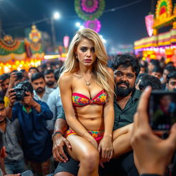 A sad and terrified blonde female in a colorful Indian-inspired strapless very small bikini that highlights her big cleavage and sexy legs, sitting on the lap of an Indian male with a rugged appearance