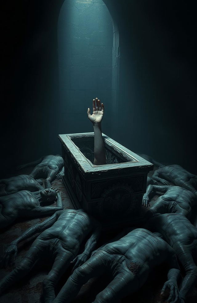 A dark, eerie room with a stone coffin at the center