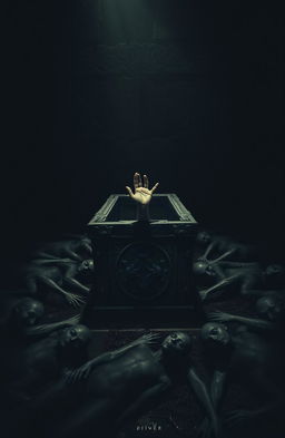 A dark, eerie room with a stone coffin at the center