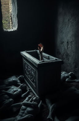 A dark, eerie room with a stone coffin at the center