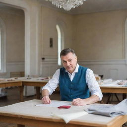 A confident and skilled man, leading a bustling sewing workshop in Moscow, surrounded by traditional Russian architecture visible through the windows of the workshop