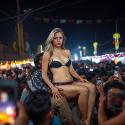 A sad and terrified blonde female in a very small strapless bikini showcasing her big cleavage and wearing small panties, with sexy legs, sitting on the lap of an Indian male with a rugged, unkempt appearance