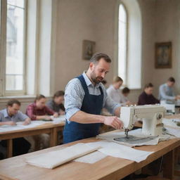 A confident and skilled man, leading a bustling sewing workshop in Moscow, surrounded by traditional Russian architecture visible through the windows of the workshop