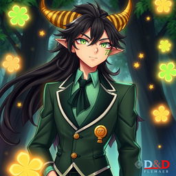 Anime character for D&D, a male luck demon with a confident posture and cheek tattoo of '777'