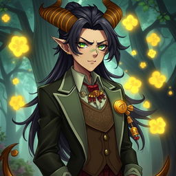 Anime character for D&D, a male luck demon with a confident posture and cheek tattoo of '777'