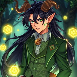 Anime character for D&D, a male luck demon with a confident posture and cheek tattoo of '777'