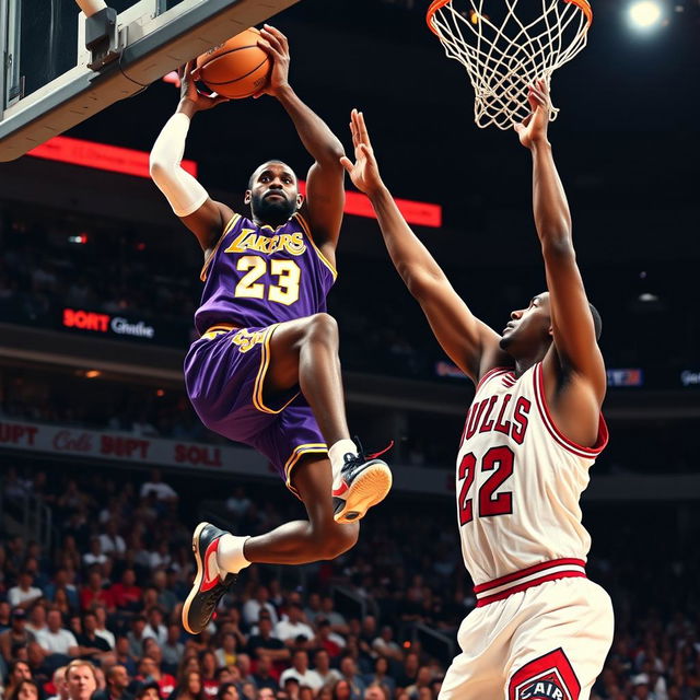 An intense basketball moment featuring a dramatic scene where LeBron James is mid-air performing an impressive slam dunk on Michael Jordan, who is attempting to block the shot