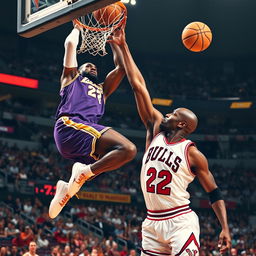An intense basketball moment featuring a dramatic scene where LeBron James is mid-air performing an impressive slam dunk on Michael Jordan, who is attempting to block the shot