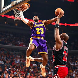 An intense basketball moment featuring a dramatic scene where LeBron James is mid-air performing an impressive slam dunk on Michael Jordan, who is attempting to block the shot