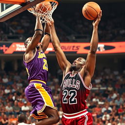An intense basketball moment featuring a dramatic scene where LeBron James is mid-air performing an impressive slam dunk on Michael Jordan, who is attempting to block the shot