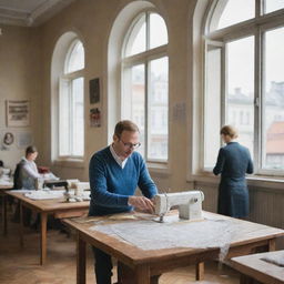 A confident and skilled man, leading a bustling sewing workshop in Moscow, surrounded by traditional Russian architecture visible through the windows of the workshop