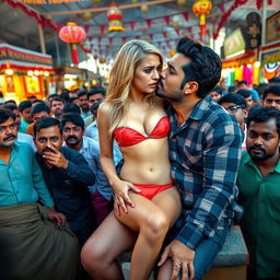 A sad and terrified blonde female dressed in a strapless very small bikini that accentuates her big cleavage, wearing small panties, and showcasing her sexy legs