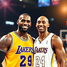 A heartwarming and iconic moment depicting LeBron James and Kobe Bryant posing together for a photograph
