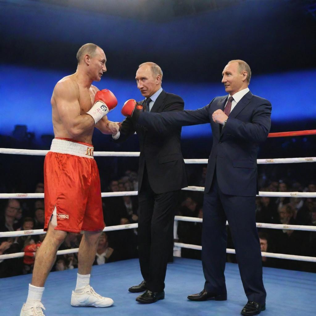 Vladimir Putin and Wladimir Klitschko, both in formal attire, staging a friendly pretend boxing match in a ring located with the backdrop of a significant Russian location