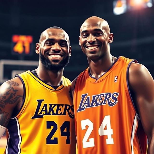 A heartwarming and iconic moment depicting LeBron James and Kobe Bryant posing together for a photograph