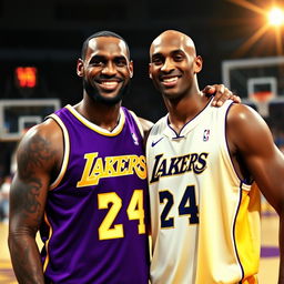 A heartwarming and iconic moment depicting LeBron James and Kobe Bryant posing together for a photograph