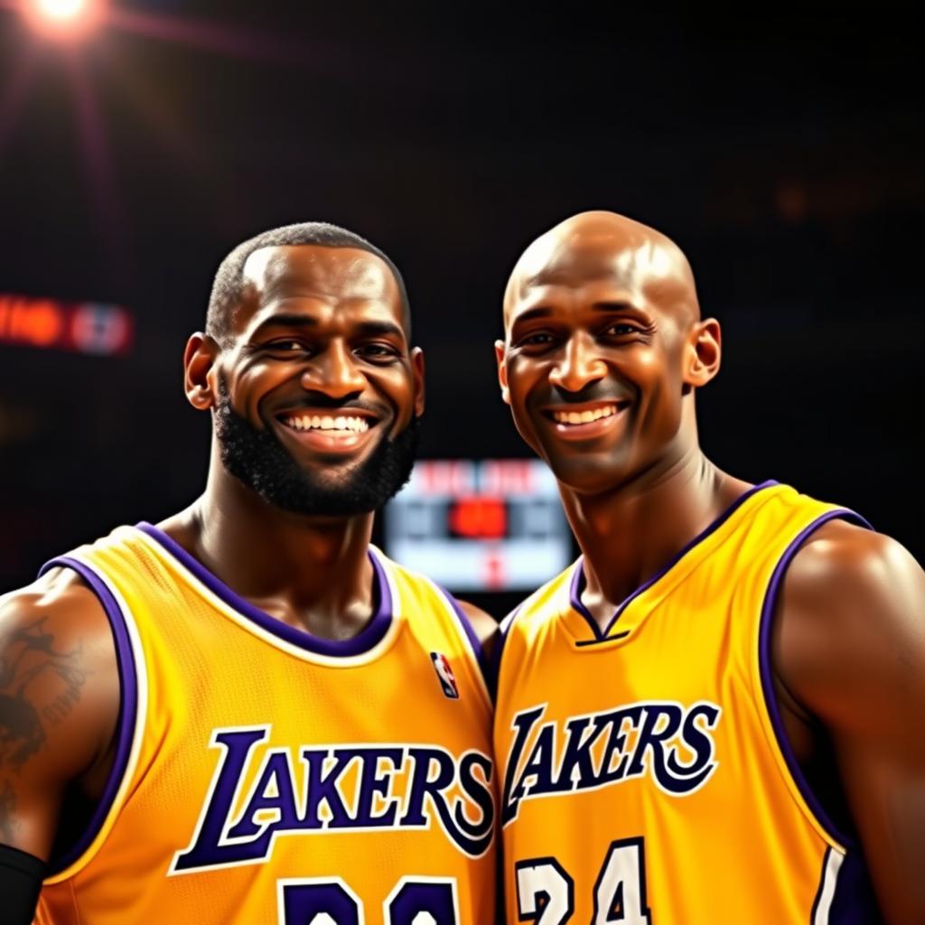 A heartwarming and iconic moment depicting LeBron James and Kobe Bryant posing together for a photograph