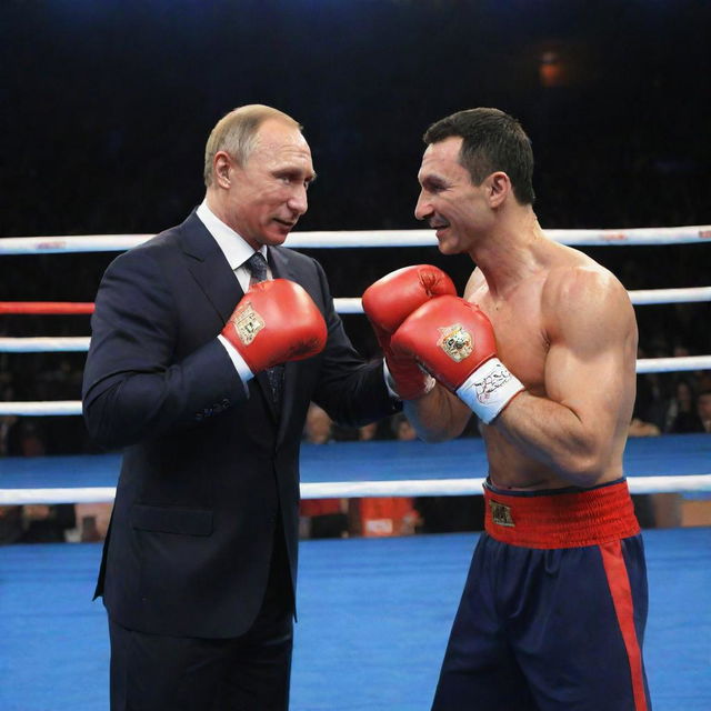 Vladimir Putin and Wladimir Klitschko, both in formal attire, staging a friendly pretend boxing match in a ring located with the backdrop of a significant Russian location